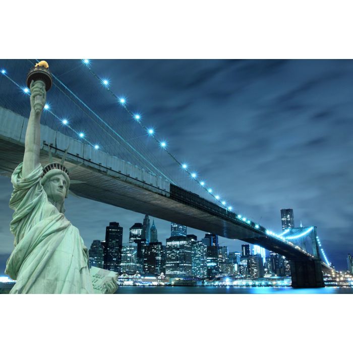 Brooklyn Bridge And The Statue Of Liberty At Night - ID # 37604942