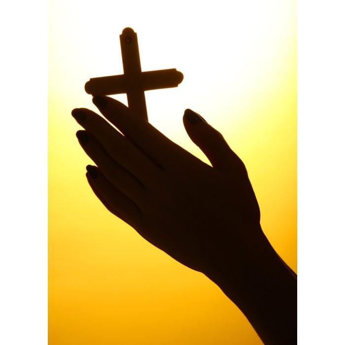 Female Hands With Crucifix - On Yellow Background - ID # 47132482