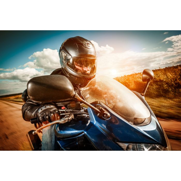 Biker In Helmet And Leather Jacket Racing On The Road - ID # 56916874