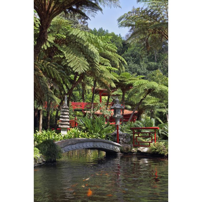 Red Chinese Style Pavilions And Bridge Over A Pond - ID # 59400588