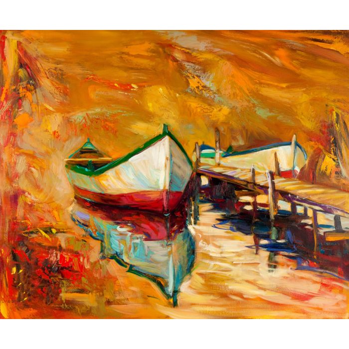 Original oil painting of boats and jetty on canvas - ID # 110224421