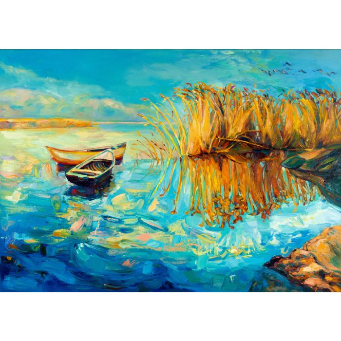 Original oil painting of boats lake and Fern on canvas - ID # 110401592