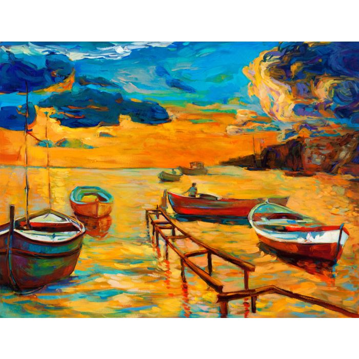 Original oil painting of four boats and jetty pier on canvas - ID # 123577366