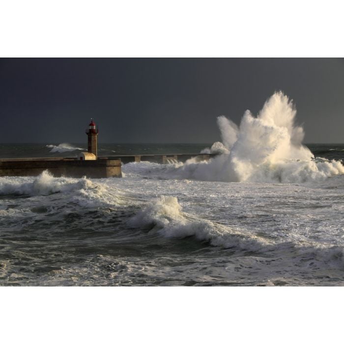 April In Portugal; Storm Waves Over Beacon And Lighthouse - ID # 127519844