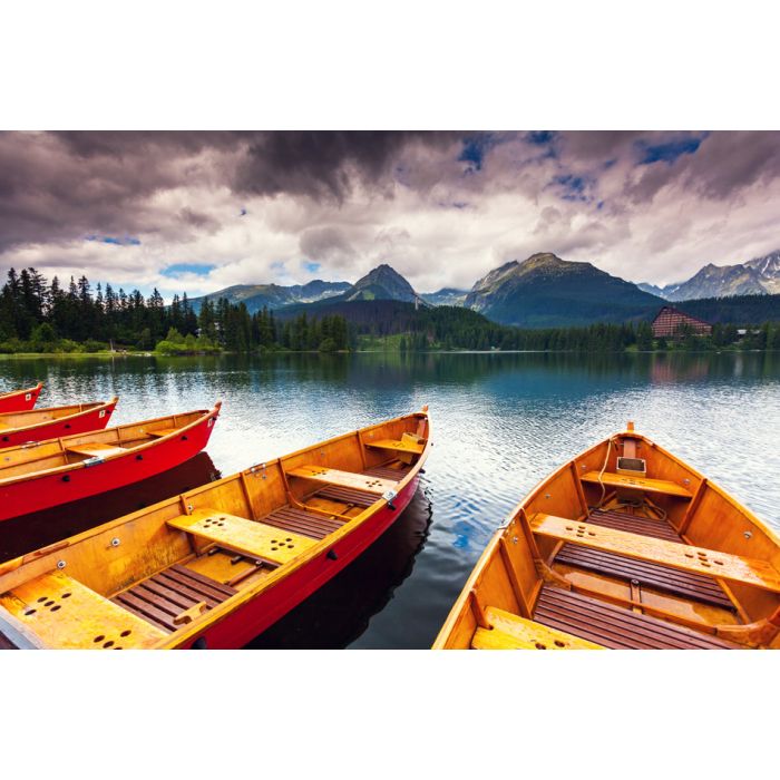 Five Boats looking out to Mountain on lake in National Park - ID # 134304749