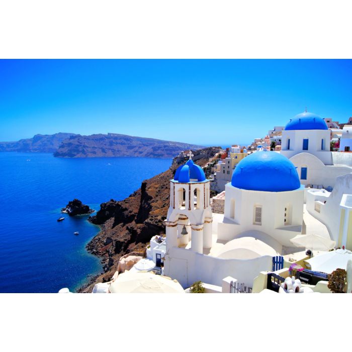 Classic Santorini Scene With Famous Blue Dome Churches Greece - ID # 185290490