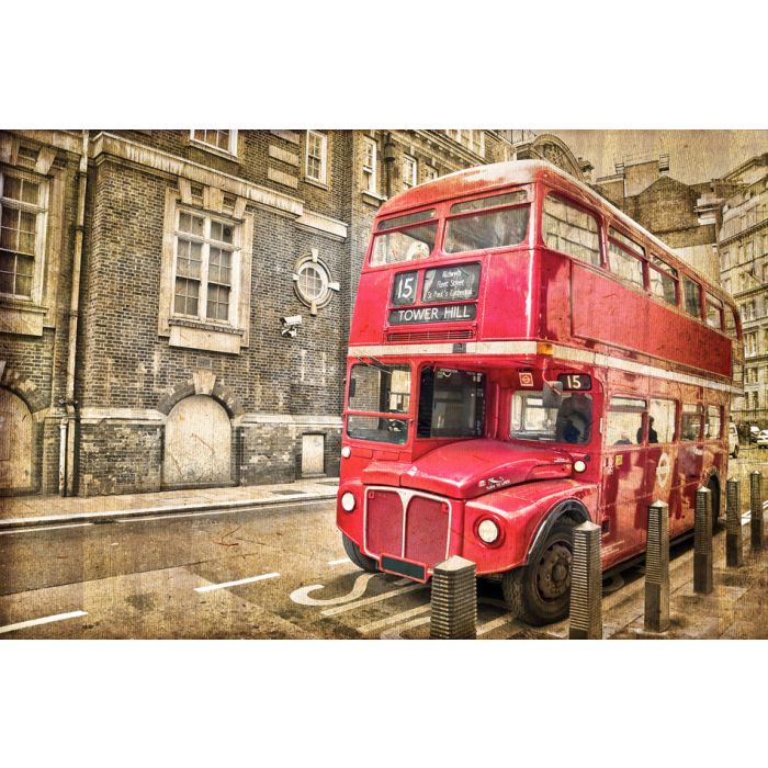 Red double decker bus vintage sepia texture London UK - ID # 203838535