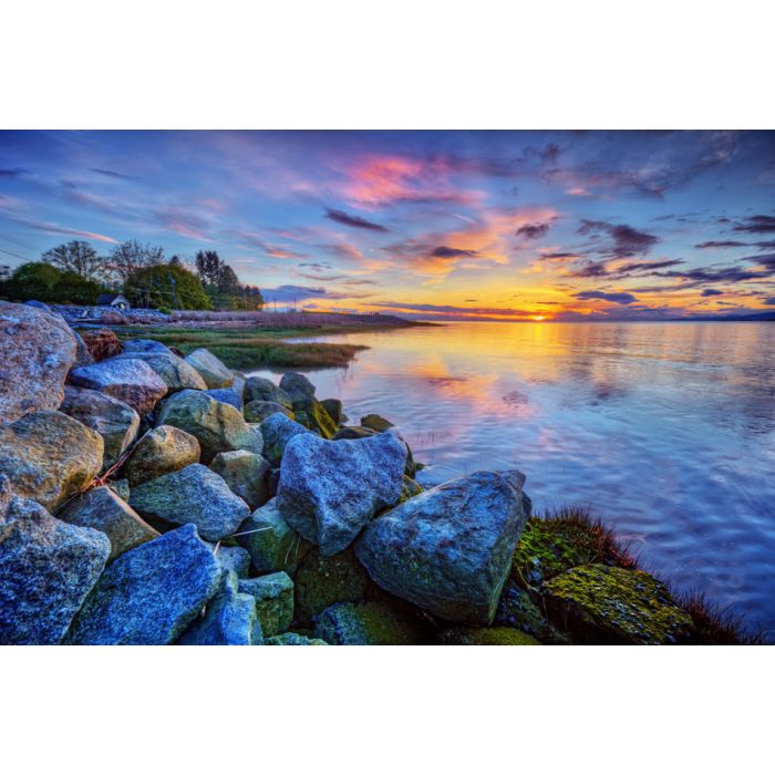 Calm blue river sunset with distant mountains colorful clouds - ID # 210305236