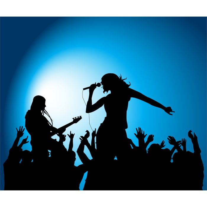 Female Singer And Guitarrist Silhouette On Blue - ID # 21432383