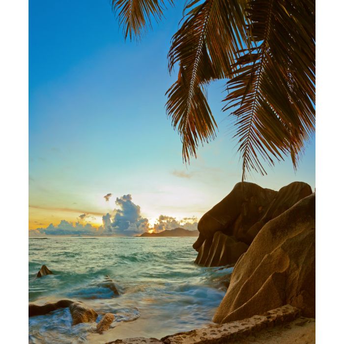 Sunset on tropical beach Source D'Argent at Seychelles - ID # 246604480