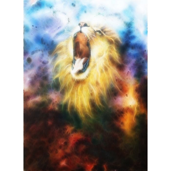 painting of a roaring lion on a abstract cosmical background - ID # 246628294