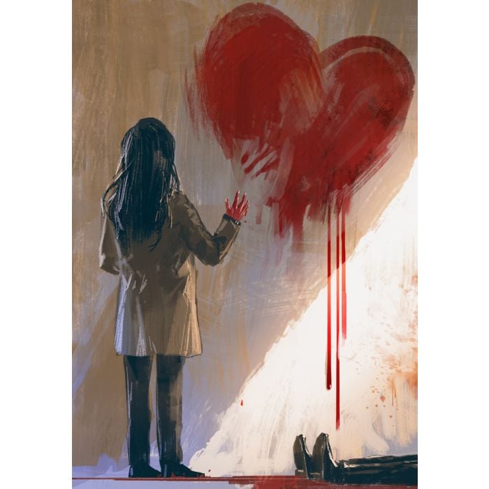 woman drawing red heart with blood on the wall - ID # 249408664