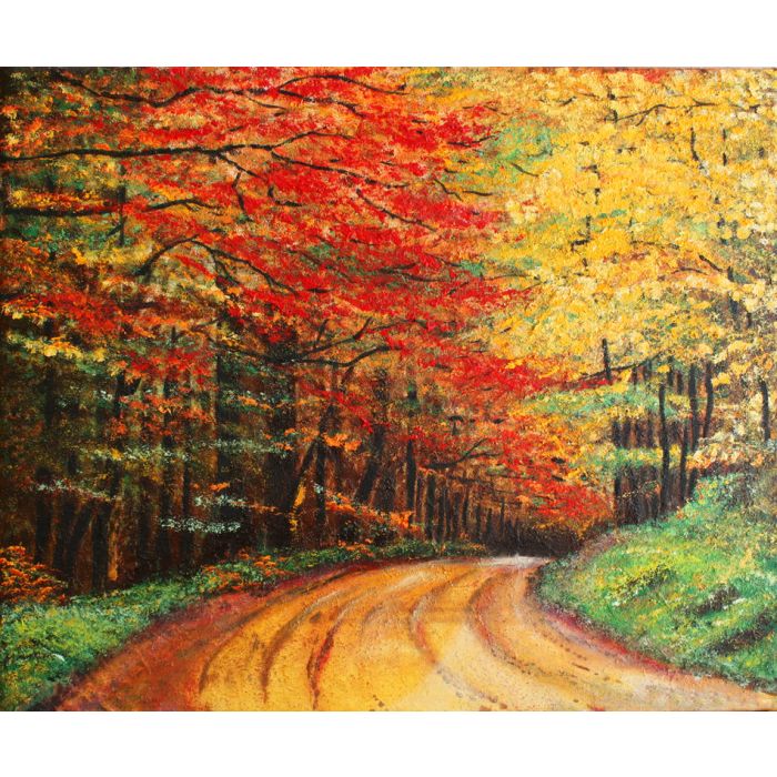 Colorful original oil painting showing a road forest - ID # 38903674