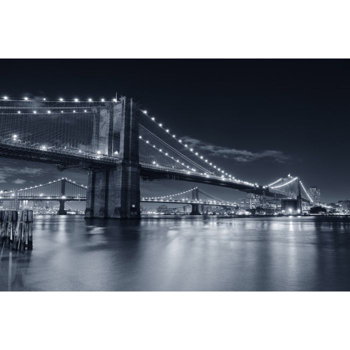 Brooklyn Bridge over East River at night in black and white - ID # 88638124