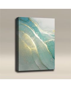 AcousticART Curated Abstract Art Collection #A3P2 Fluid Art Liquid Gold and Aqua - Size: 36" L x 24" W x 2" - Portrait