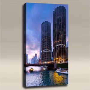 AcousticART Curated Cities Collection #C4P1 Chicago Sunset Skyscrapers - Size: 48" L x 24" W x 2" - Portrait