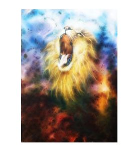 painting of a roaring lion on a abstract cosmical background - ID # 246628294