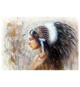 indian woman wearing a big feather headdress - ID # 247197979