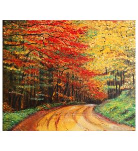 Colorful original oil painting showing a road forest - ID # 38903674