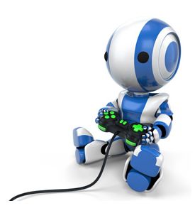 Blue Robot Holding Video Game Controller - ID # 11854929