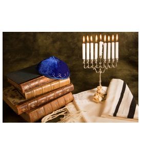 Bible - Prayer Shawl - Yarmulke And Menorah - ID # 18915767