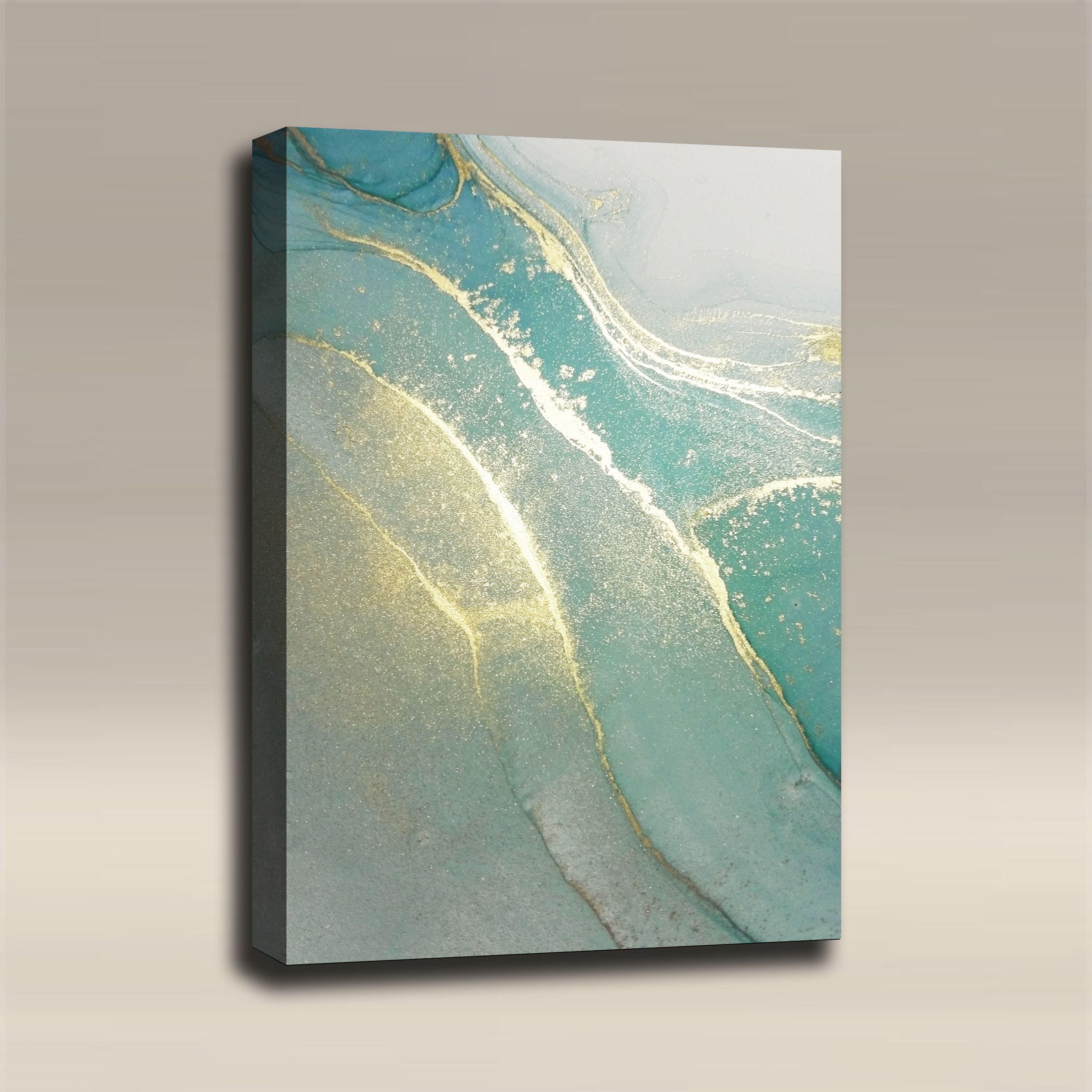 AcousticART Curated Abstract Art Collection #A3P2 Fluid Art Liquid Gold and  Aqua - Size: 36 L x 24 W x 2 - Portrait